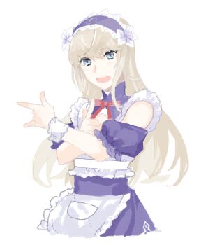  1other blonde_hair blue_eyes chevalier_d'eon_(fate) chevalier_d'eon_(maid_knight)_(fate) commentary_request dress fate/grand_order fate_(series) frilled_dress frills long_hair madara-ame open_mouth pale_skin simple_background sleeveless sleeveless_dress tsuki_ni_kawatte_oshioki_yo upper_body white_background 