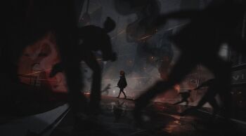  1girl absurdres blurry blurry_foreground commentary english_commentary highres holding holding_knife knife night odd_one_out original outdoors people red_hair road running short_hair smoke street titanartx walking war 