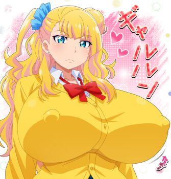  1girl absurdres asymmetrical_hair blonde_hair blue_eyes breasts closed_mouth covered_erect_nipples earrings galko gradient_background hair_bun hair_ornament hair_scrunchie highres hitokiwa_kenchin huge_breasts jacket jewelry long_hair looking_at_viewer neck_ribbon oshiete!_galko-chan pink_background red_ribbon ribbon school_uniform scrunchie shirt side_ponytail solo upper_body white_shirt yellow_jacket 