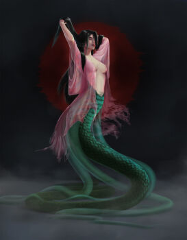  1girl absurdres armpit_peek arms_up black_background black_hair breasts fangs forked_tongue hands_in_own_hair highres japanese_clothes kimono long_hair looking_at_viewer medium_breasts monster_girl nipples nude nure_onna open_mouth original playing_with_own_hair scales see-through_clothes silk simple_background snake_girl snake_tail solo tail tongue topless_female torn_clothes 