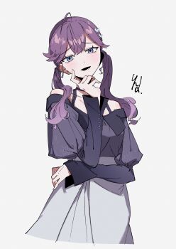  1girl absurdres ahoge black_shirt blue_eyes blush bug butterfly commentary_request cropped_legs gakuen_idolmaster grey_skirt head_tilt highres hpwk2775 idolmaster insect kaya_rinha long_hair long_sleeves looking_at_viewer off-shoulder_shirt off_shoulder purple_hair shirt signature simple_background skirt smile solo twintails white_background 