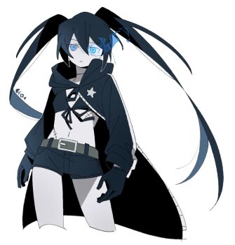 1girl belt bikini bikini_top_only black_bikini black_gloves black_hair black_rock_shooter black_rock_shooter_(character) black_shorts blue_eyes cropped_legs flaming_eye gloves highres hood hood_down long_hair long_sleeves looking_at_viewer midriff pale_skin short_shorts shorts simple_background solo star_(symbol) stitches swimsuit tsuki_(sakatsuki627) twintails very_long_hair white_background zipper_pull_tab 