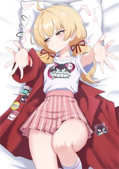 1girl absurdres ahoge arm_out_of_sleeve averting_eyes blonde_hair blue_archive blush brown_eyes closed_mouth collarbone_peek embarrassed flying_sweatdrops from_above half-closed_eyes head_on_pillow heart highres incoming_hug jacket knee_up kneehighs logo_print loli looking_to_the_side low_twintails lying medium_hair oldsickkim on_back on_bed outstretched_arms pillow pink_skirt print_shirt red_jacket red_ribbon ribbon shirt shirt_tucked_in short_sleeves skirt socks sweatdrop thighs twintails white_socks yoshimi_(band)_(blue_archive) yoshimi_(blue_archive)  rating:Sensitive score:14 user:(ToT)