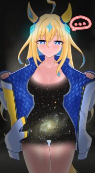  ... 1girl a_world_underneath ahoge animal_ears blue_eyes blush breasts coat collarbone commentary_request cwarock expressionless hair_between_eyes hair_ornament highres horse_ears horse_girl jacket long_hair long_sleeves multicolored_hair naked_coat naked_jacket neo_universe_(umamusume) pov simple_background solo space two-tone_hair umamusume 