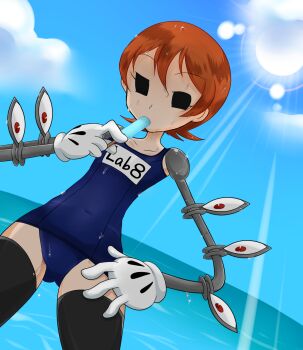  1girl animalorb_kirin animalorbkirin black_thighhighs dutch_angle extra_eyes eye_socket female_focus flat_chest food gloves hand_on_own_hip highres ice_cream lens_flare mechanical_arms navel ocean one-piece_swimsuit orange_hair peacock_(skullgirls) popsicle red_eyes school_swimsuit short_hair skullgirls solo sweat swimsuit thighhighs white_gloves 