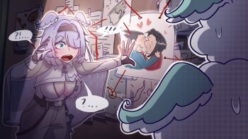  !? 1girl 2boys ? ace_attorney aqua_eyes black_hairband blue_hair blush breasts cape cleavage cleavage_cutout clothing_cutout comedic_sweatdrop commentary damdidooo elira_pendora elira_pendora_(4th_costume) english_commentary evidence_board evidence_markers famelira_(elira_pendora) fangs fujoshi gloves hair_over_one_eye hairband head_wings heart highres meme miles_edgeworth multiple_boys nijisanji nijisanji_en open_mouth pepe_silvia_(meme) phoenix_wright phoenix_wright:_ace_attorney phoenix_wright:_ace_attorney_-_trials_and_tribulations shipping_(fandom) speech_bubble spoken_question_mark virtual_youtuber wings yaoi yoshi_and_toad_kissing_(meme) 