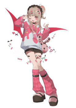  1girl \n/ absurdres alamp animal_bag baby_bottle bag bandaid bandaid_on_face bandaid_on_leg black_choker black_headdress black_shoes black_skirt blunt_bangs blush bottle bow chain chain_necklace choker colored_inner_hair cross-laced_clothes cross-laced_sleeves demon_wings dutch_angle fang food-themed_hair_ornament food_print frilled_sleeves frills fruit_print full_body grey_hair hair_bow hair_intakes hair_ornament hair_over_shoulder hairclip hairpin hands_up heart heart_hair_ornament heart_print heart_sticker highres hood hoodie jewelry leg_tattoo leg_warmers long_hair long_sleeves makaino_ririmu miniskirt multicolored_hair multiple_hairpins nail_polish necklace nijisanji official_alternate_costume official_alternate_hairstyle one_eye_closed one_side_up open_mouth pink_bow pink_hair pink_hoodie pink_leg_warmers pink_nails plaid_clothes plaid_leg_warmers platform_shoes pleated_skirt pointy_ears rabbit_bag rabbit_hair_ornament red_eyes red_wings shoes shoulder_bag sidelocks simple_background skin_fang skirt sleeves_past_wrists smile solo standing sticker sticker_on_face strawberry_hair_ornament strawberry_print streaked_hair stuffed_animal stuffed_rabbit stuffed_toy tattoo triangle_hair_ornament two-tone_hoodie two_side_up virtual_youtuber w_arms white_background white_hoodie winged_heart winged_heart_tattoo wings x_hair_ornament 