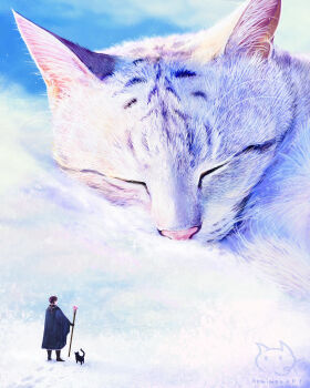  1girl black_cat boots capelet cat commentary_request dress fantasy faux_traditional_media full_body gloves highres holding holding_staff kamimon2016 mage_staff original scenery snow solo staff winter 