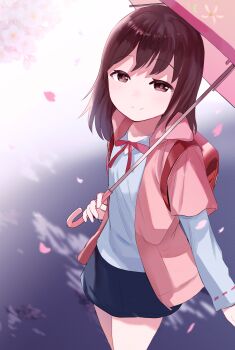  1girl absurdres backpack bag brown_eyes brown_hair byousoku_5_centimeter cherry_blossoms commentary_request gradient_background highres jacket long_sleeves looking_at_viewer pink_jacket pink_umbrella randoseru ronri_(ma-nama-kinasa-yo) shinohara_akari shirt skirt smile solo umbrella white_shirt 