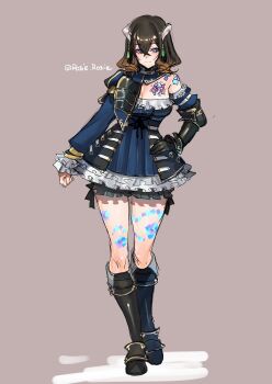  1girl absurdres asymmetrical_sleeves bloodstained:_ritual_of_the_night bloodstained_(series) blue_dress blue_eyes breast_tattoo breasts brown_hair cleavage commentary commentary_request detached_sleeves dress facing_viewer flower_tattoo frilled_dress frills full_body gauntlets gradient_hair hair_between_eyes hair_ornament hand_on_own_hip highres horns juliet_sleeves large_breasts leg_tattoo long_sleeves looking_to_the_side low_neckline medium_hair miriam_(bloodstained) mismatched_sleeves multicolored_hair puffy_sleeves rosie_rosie shadow simple_background single_gauntlet smile solo stained_glass strapless tattoo twitter_username two-tone_hair 