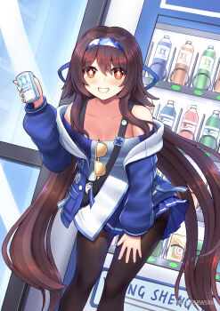  1girl absurdres bare_shoulders black_pantyhose blue_jacket blush bottle breasts brown_hair can chinese_commentary cleavage collarbone commentary_request drink eyewear_hang flower-shaped_pupils genshin_impact grin hairband highres holding holding_can hu_tao_(genshin_impact) hu_tao_(lawson)_(genshin_impact) jacket leaning_forward long_hair looking_at_viewer off_shoulder official_alternate_costume pantyhose pleated_skirt red_eyes skirt smile solo srwsrx sunglasses symbol-shaped_pupils twintails unworn_eyewear vending_machine very_long_hair walnut 