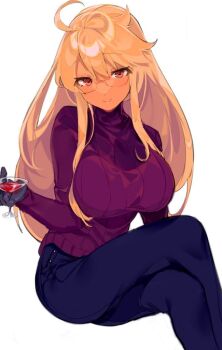  1girl alma_armas blonde_hair breasts glasses huge_breasts looking_at_viewer pants smile va-11_hall-a xschinkenwurstx  rating:Sensitive score:4 user:boznsj3