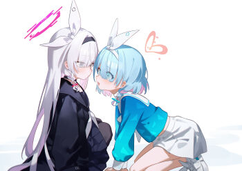 2girls absurdres all_fours arona_(blue_archive) black_coat black_pantyhose blue_archive blue_hair blue_shirt blush braid coat cropped_shirt eco_376124 eye_contact eyes_visible_through_hair facing_another grey_hair halo heart heart_halo highres long_hair looking_at_another midriff multicolored_hair multiple_girls pantyhose pink_hair plana_(blue_archive) school_uniform serafuku shirt short_hair simple_background single_braid sitting skirt two-tone_hair very_long_hair white_background white_skirt rating:General score:35 user:danbooru