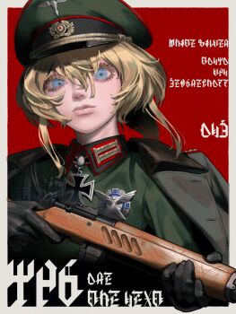  1girl black_coat black_gloves blonde_hair blue_eyes closed_mouth coat coat_on_shoulders commentary_request cross gloves green_jacket gun hat highres holding holding_gun holding_weapon iron_cross jacket looking_at_viewer metre military_hat military_jacket military_uniform peaked_cap sig_mkms solo submachine_gun tanya_degurechaff weapon youjo_senki 