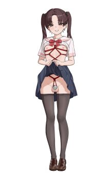  1boy absurdres bdsm black_pantyhose blue_skirt brown_eyes brown_hair chastity_cage clothes_lift crossdressing crossdressing_(mtf) earrings flat_chastity_cage grin highres jewelry jiang_qian_xiao loafers looking_at_viewer mixed-language_commentary nipples original pantyhose rope sailor_collar sailor_shirt school_uniform serafuku shibari shibari_under_clothes shirt shirt_lift shoes skirt skirt_lift small_chastity_cage smile stealth_bondage trap twintails white_background white_sailor_collar 