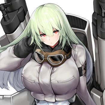  1girl banshee_(last_origin) black_gloves closed_mouth cropped_jacket female_focus fur-trimmed_jacket fur_trim game_cg gloves goggles goggles_around_neck green_hair hair_between_eyes head_tilt jacket jetpack last_origin long_hair long_sleeves looking_at_viewer official_art red_eyes snowball22 tight_clothes transparent_background upper_body 