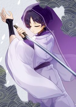  1boy amhr_46 armor black_hair blunt_ends chokutou clenched_hand closed_eyes commentary_request eyelashes eyeliner facing_to_the_side falling_petals fingernails from_behind genshin_impact hands_up highres holding holding_sword holding_weapon japanese_armor japanese_clothes kariginu kimono kote kurokote layered_sleeves makeup male_focus open_hand open_mouth pants parted_bangs petals purple_kimono purple_sash purple_sleeves purple_veil red_eyeliner sash scaramouche_(genshin_impact) scaramouche_(kabukimono)_(genshin_impact) see-through_clothes see-through_veil solo sword three-quarter_sleeves twitter_username veil weapon white_mouth white_pants white_petals white_sleeves wide_sleeves 