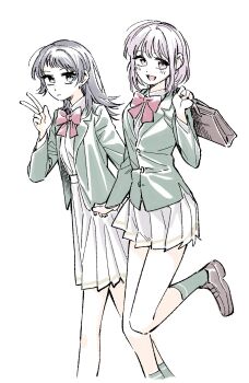  2girls :3 bang_dream! bang_dream!_it's_mygo!!!!! black_hair blush bow bowtie brown_bag closed_mouth commentary_request green_socks highres korean_commentary medium_hair multiple_girls neonfloyd open_mouth pleated_skirt purple_hair red_bow red_bowtie school_uniform short_hair simple_background skirt socks v white_background white_skirt yahata_umiri yuutenji_nyamu 