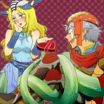  1boy 1girl armor bad_id bandana bare_shoulders blonde_hair blue_dress blush box braid breasts crying dress embarrassed final_fantasy final_fantasy_ii firion green_eyes grey_hair hand_on_own_cheek hand_on_own_face heart-shaped_box helmet hilda_(ff2) lamia lamia_queen_(ff2) large_breasts long_hair lowres masu_(artist) monster_girl restrained retro_artstyle short_hair snake_bondage streaming_tears surprised tears wristband 