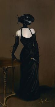  1girl alternate_form bare_shoulders black_dress black_gloves bomb bomb_devil_(chainsaw_man) breasts brown_background chainsaw_man dress dynamite elbow_gloves explosive faux_traditional_media fine_art_parody full_body gloves hand_on_table highres holding_dynamite john_singer_sargent_(style) looking_to_the_side melonasun object_head open_mouth parody portrait_of_madame_x scoop_neck signature small_breasts smoke solo table teeth twitter_username 