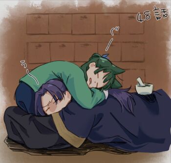  1boy 1girl animal_ears black_robe blue_skirt cat_ears cat_girl closed_eyes commentary_request furrowed_brow green_hair green_shirt half_updo indoors jinshi_(kusuriya_no_hitorigoto) kemonomimi_mode kudake9876 kusuriya_no_hitorigoto long_hair maomao_(kusuriya_no_hitorigoto) parted_bangs pestle purple_hair robe shirt skirt sleeping 