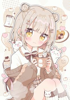  1girl :3 blonde_hair blunt_bangs blush bow bowtie brown_background brown_bow brown_bowtie brown_cardigan cardigan checkerboard_cookie closed_mouth collared_shirt commentary_request cookie cup double_bun feet_out_of_frame food grid_background hair_bun highres holding holding_cup kneehighs long_sleeves looking_at_viewer off_shoulder open_cardigan open_clothes original outline shirt short_hair sitting smile socks solo striped_bow striped_bowtie striped_clothes tasuki6918 white_outline white_shirt white_socks yellow_eyes 