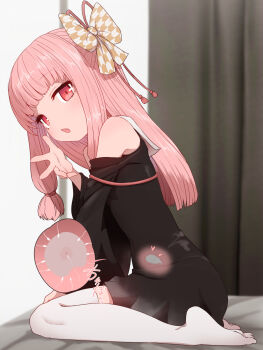 1girl armpit_crease bare_shoulders bed black_dress black_sleeves blunt_bangs blurry blurry_background blush clothed_after_sex cum cum_in_pussy cum_plugged detached_sleeves dress fang female_focus fertilization hair_ribbon hair_tie highres impregnation indoors kotonoha_akane loli long_hair looking_at_viewer on_bed open_mouth ovum pink_eyes pink_hair red_ribbon ribbon room sidelocks sitting solo speech_bubble sperm_cell sumiyao_(amam) thighhighs voiceroid white_thighhighs x-ray rating:Questionable score:283 user:danbooru