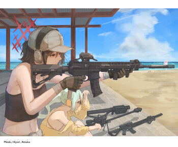 3girls absurdres aiming anti-materiel_rifle aqua_hair ar-15 artist_name assault_rifle atsuko_(blue_archive) atsuko_(swimsuit)_(blue_archive) bandages baseball_cap beach bipod black_hair blue_archive blue_sky character_name cloud commentary_request day dress ear_protection fim-92_stinger gun halo hat hetare_galm_sue highres hiyori_(blue_archive) holding holding_gun holding_weapon long_hair midriff midriff_peek misaki_(blue_archive) multiple_girls navel ntw-20 ocean outdoors purple_hair red_eyes rifle rocket_launcher sand scope shooting_range short_hair side_ponytail sig_516 sig_sauer signature sky sniper_rifle weapon white_dress white_hat 