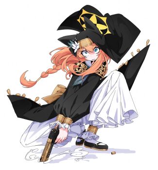  animal_ear_headwear animal_ears black_veil blue_archive blue_eyes commentary_request crazy_eyes desert_eagle dr_yamero fake_animal_ears flower gun halo handgun hat hat_flower highres mari_(blue_archive) nun orange_hair shell_casing sisterhood_(blue_archive) smoke smoking_barrel veil weapon yellow_halo 