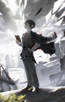  1boy belt black_belt black_choker black_eyes black_hair black_shoes book choker coat coat_on_shoulders crystal_wings dagger e.g.o_(project_moon) full_body grey_pants grey_vest hand_in_pocket highres holding holding_book knife kyoro_ina limbus_company pants project_moon shoes solo standing vest weapon wings yi_sang_(project_moon) 