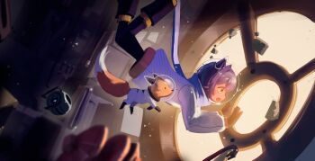  1girl 1other alternate_costume androgynous animal black_boots black_ears black_fur black_gloves blue_scarf boots brown_eyes child clothed_animal coat colored_sclera commentary crossover crowbar debris english_commentary fang floating fox gloves hand_on_window helmet highres medium_hair niko_(oneshot) oneshot_(game) open_mouth orange_fur portal portal_(series) portal_2 purple_hair rue_(oneshot) scarf shadches72 skin_fang space_helmet wheatley white_coat white_fur window yellow_sclera zero_gravity 