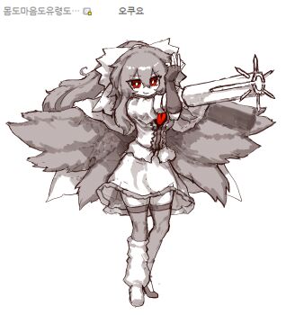  1girl absurdres arm_cannon asymmetrical_footwear boots bow cape center_frills commentary fingerless_gloves frills full_body gloves greyscale hair_bow highres korean_commentary korean_text long_hair looking_at_viewer mismatched_footwear monochrome multiple_wings open_mouth rampa93 red_eyes reiuji_utsuho shirt shoes single_boot skirt smile solo spot_color thighhighs third_eye third_eye_on_chest touhou translation_request very_long_hair weapon wings 