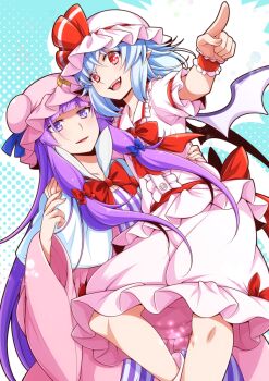  2girls arm_around_shoulder bat_wings blue_hair bow bowtie commentary_request crescent crescent_hat_ornament dress eichi_yuu hat hat_ornament hat_ribbon long_hair mob_cap multiple_girls open_mouth patchouli_knowledge pink_hat pink_shirt pink_skirt pointing pointy_ears purple_eyes purple_hair red_bow red_bowtie red_eyes remilia_scarlet ribbon shirt skirt smile striped_clothes striped_dress touhou vertical-striped_clothes vertical-striped_dress wings wrist_cuffs yuri 