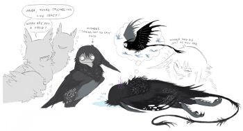  :i black_feathers black_wings bullying closed_mouth commentary crying english_commentary english_text feathers flying grey_feathers grey_hair grey_wings harpy highres jejejunum lying monster_girl nethermare on_stomach open_mouth original puddle simple_background smile sobbing speech_bubble tears teeth thought_bubble traditional_harpy white_background wings wither_(jejejunum) 