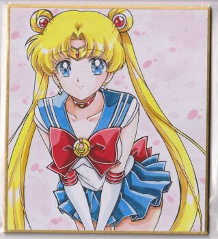  1girl back_bow bishoujo_senshi_sailor_moon blonde_hair blue_eyes blue_sailor_collar blue_skirt bow breasts chikoto_(kztc4472) choker circlet closed_mouth collarbone commentary cowboy_shot crescent crescent_choker crescent_earrings double_bun earrings elbow_gloves gem gloves gold_circlet hair_bun hair_ornament highres jewelry leaning_forward leotard lips long_hair looking_at_viewer magical_girl medium_breasts miniskirt parted_bangs photo_(medium) picture_frame pink_background pleated_skirt red_bow red_choker red_gem red_trim sailor_collar sailor_moon sailor_senshi_uniform short_sleeves skirt smile solo standing traditional_media transformation_brooch_(sailor_moon) tsukino_usagi twintails very_long_hair white_gloves white_leotard 