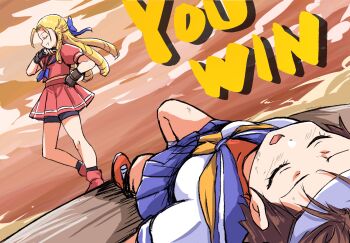  2girls ascot bike_shorts bike_shorts_under_skirt black_gloves blonde_hair blue_ribbon blue_sailor_collar blue_skirt braid brown_hair capcom closed_eyes converse defeat english_text female_focus fingerless_gloves gloves hair_ribbon headband highres ikaringo_(ikaringo4444) kanzuki_karin kasugano_sakura long_hair lying multiple_girls on_back on_ground pleated_skirt red_skirt ribbon sailor_collar school_uniform shoes short_hair skirt sneakers street_fighter street_fighter_zero_(series) white_headband yellow_ascot 