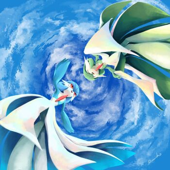  2others alternate_color blue_hair blue_skin blue_sky bob_cut colored_skin commentary_request dress gardevoir gen_3_pokemon green_hair green_skin highres multicolored_skin multiple_others nintendo pokemon pokemon_(creature) rumiko_(vertlapin96) shiny_pokemon signature sky smile two-tone_skin white_dress white_skin 