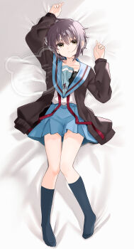 1girl arm_up blue_sailor_collar blue_skirt brown_cardigan brown_eyes cardigan closed_mouth highres kita_high_school_uniform kuuma25_kuma long_sleeves looking_at_viewer lying nagato_yuki on_back open_cardigan open_clothes purple_hair sailor_collar school_uniform serafuku short_hair skirt solo suzumiya_haruhi_no_yuuutsu untied_ribbon watermark white_background 