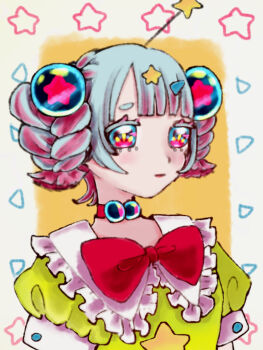  1girl blue_hair bow collared_dress dreamy_chelsea dress frills hair_bow hair_ornament heart magical_girl mahou_shoujo_ikusei_keikaku mahou_shoujo_ikusei_keikaku_breakdown oftn7 pink_bow puffy_short_sleeves puffy_sleeves purple_eyes short_sleeves solo star_(symbol) star_hair_ornament twintails yume_kawaii 