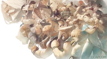  6+boys 6+girls akuma_(street_fighter) beard black_hair blanka bracelet cammy_white capcom capcom_cup character_request chinese_clothes chun-li clenched_hand commentary_request crossed_arms double_bun facial_hair fighting_stance fukumori_(capcom) guile hair_bun hair_ribbon han_juri headband highres hood jamie_siu jewelry jp_(street_fighter) looking_at_viewer m._bison multiple_boys multiple_girls official_alternate_costume official_art open_mouth paint rashid_(street_fighter) ribbon ryu_(street_fighter) serious street_fighter street_fighter_6 white_beard zangief 