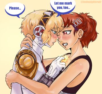  1girl 2girls absurdres aigis_(persona) android blonde_hair blue_eyes blush brown_hair commentary english_commentary english_text eyelashes finger_cannon gold_hairband hair_ornament hairband hairclip highres joints lesbonightcrwlr multiple_girls persona persona_3 persona_3_portable red_eyes robot_ears robot_girl robot_joints shiomi_kotone short_hair simple_background speech_bubble yellow_background yuri 