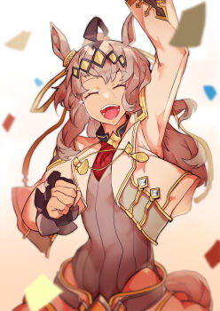  1girl ahoge animal_ears brooch closed_eyes clothing_cutout commentary confetti cropped_jacket english_commentary facing_viewer grey_hair grey_leotard grey_tail hair_between_eyes hair_ornament hair_ribbon highres hip_vent horse_ears horse_girl horse_tail jacket jewelry kerowe leotard long_hair long_sleeves neckerchief official_alternate_costume oguri_cap_(cinderella_gray)_(umamusume) oguri_cap_(umamusume) open_mouth overskirt ponytail red_neckerchief ribbon shorts smile solo star_brooch tail teeth umamusume umamusume:_cinderella_gray white_jacket white_shorts 