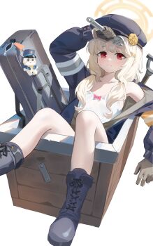 1girl absurdres aoba_(blue_archive) arm_up black_boots black_hat blue_archive blue_jacket blush boots box brown_shirt child closed_mouth hat highres holding holding_wrench in_box in_container jacket long_hair looking_at_viewer red_eyes shirt shortofsugar sidelocks solo sweatdrop tank_top white_tank_top wrench rating:General score:16 user:danbooru