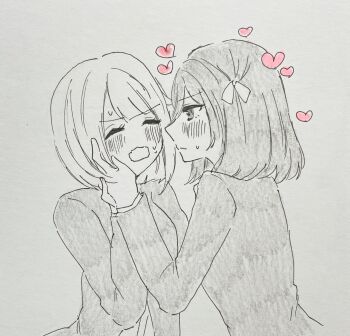  2girls ^_^ blush bob_cut closed_eyes commentary_request ei_(eis0612) frown graphite_(medium) greyscale hair_ribbon hand_on_another's_cheek hand_on_another's_face heart highres inverted_bob jacket looking_at_another love_live! love_live!_nijigasaki_high_school_idol_club medium_hair mifune_shioriko monochrome multiple_girls nakasu_kasumi neck_ribbon nijigasaki_school_uniform open_mouth pen_(medium) profile ribbon school_uniform simple_background spot_color traditional_media upper_body wavy_mouth white_background winter_uniform yuri 