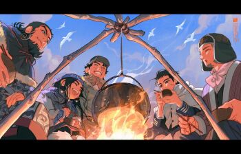  1girl 4boys ^_^ ainu_clothes artist_logo artist_name asirpa bandana beard bird black_eyes black_hair black_hat blue_bandana blue_capelet blue_jacket blue_sky bowl brown_scarf campfire capelet cheek_bulge cheseely chopsticks cloak closed_eyes cloud cloudy_sky commentary cooking_pot earrings eating facial_hair facial_scar fire flipped_hair from_below fur-trimmed_capelet fur-trimmed_jacket fur_trim goatee golden_kamuy good_end grey_hair grey_jacket grin hanten_(clothes) hat highres holding holding_bowl holding_chopsticks hoop_earrings jacket jewelry kiroranke laughing letterboxed logo long_sleeves multiple_boys ogata_hyakunosuke open_mouth outdoors paradis_military_uniform pink_scarf scar scar_on_cheek scar_on_face scar_on_mouth scar_on_nose scarf shiraishi_yoshitake short_hair sitting sky smile smoke stitched_face stitches striped_clothes striped_scarf sugimoto_saichi very_short_hair white_cloak 