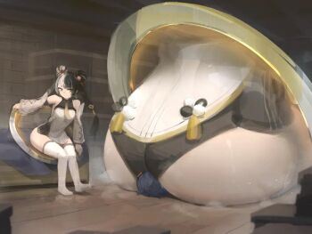  2girls ass bare_shoulders belle_(zenless_zone_zero) black_hair blue_hair detached_sleeves dialyn_(zenless_zone_zero) giant giantess huge_ass long_hair multicolored_hair multiple_girls perverted_utility portal_(object) sitting sitting_on_face sitting_on_person size_difference split-color_hair thighhighs through_portal tsuchiro_(fgnj3324) twintails white_hair white_thighhighs yellow_eyes yuri zenless_zone_zero 