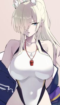 1girl absurdres animal_ear_fluff animal_ears armband blonde_hair blue_archive blue_eyes blue_halo breasts commentary_request competition_swimsuit dog_ears extra_ears hair_over_one_eye halo highleg highleg_one-piece_swimsuit highres jacket kanna_(blue_archive) kanna_(swimsuit)_(blue_archive) katagiri_nanoka large_breasts long_hair official_alternate_costume one-piece_swimsuit pink_background ponytail purple_armband solo swimsuit whistle whistle_around_neck white_one-piece_swimsuit rating:Sensitive score:4 user:danbooru