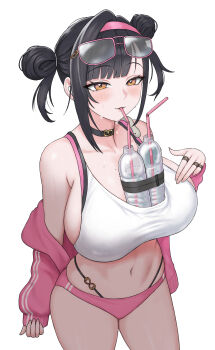  1girl absurdres albino_animal bare_shoulders black_choker black_hair blush bottle bottle_between_breasts breasts buruma choker cleavage collarbone commentary_request drinking_straw drinking_straw_in_mouth eyewear_on_head goddess_of_victory:_nikke hairband highres jacket jacket_partially_removed large_breasts looking_at_viewer navel nonotumori official_alternate_costume panties panties_under_buruma panty_straps parted_lips pink-framed_eyewear pink_buruma pink_hairband pink_jacket short_hair simple_background snake snake_on_shoulder solo sora_(nikke) sora_(spring_flight)_(nikke) sports_bra sunglasses sweat underwear water_bottle white_background white_snake white_sports_bra 