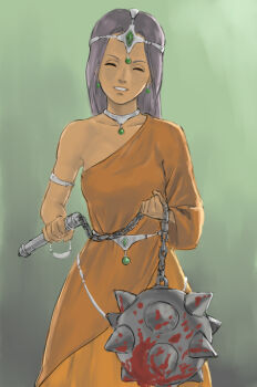  1girl ^_^ armlet asymmetrical_dress ball_and_chain_(weapon) blood bloody_weapon breasts chain circlet closed_eyes commentary_request cosplay dark-skinned_female dark_skin dragon_quest dragon_quest_iv dress earrings facing_viewer feet_out_of_frame forehead_jewel full_body gem green_background green_gem grin holding holding_chain holding_weapon jewelry long_dress long_hair long_sleeves manya_(dq4) manya_(dq4)_(cosplay) metal_belt minea_(dq4) neck_ring orange_dress purple_hair risui2 single_bare_shoulder single_sleeve smile solo sphere_earrings spike_ball spiked_ball_and_chain weapon 