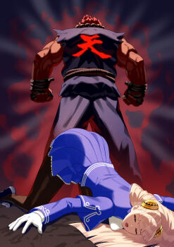  1boy 1girl absurdres akuma_(street_fighter) commentary dark-skinned_male dark_skin from_behind gloves hairpods highres ingrid_(capcom) long_hair muscular muscular_male red_hair street_fighter white_gloves white_hair yagi2013 